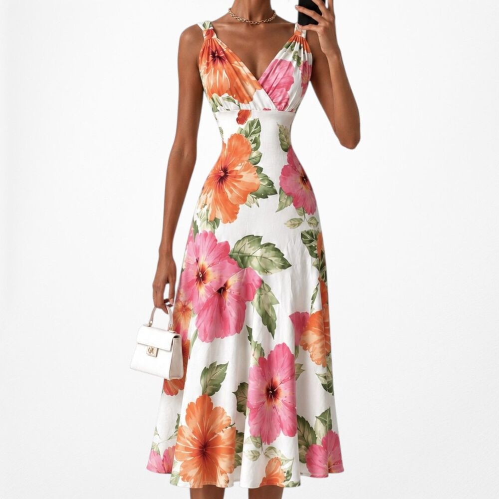 Vintage Y2K Floral Knit Silk Knee Length Flared Cocktail Sundress Dress Size S